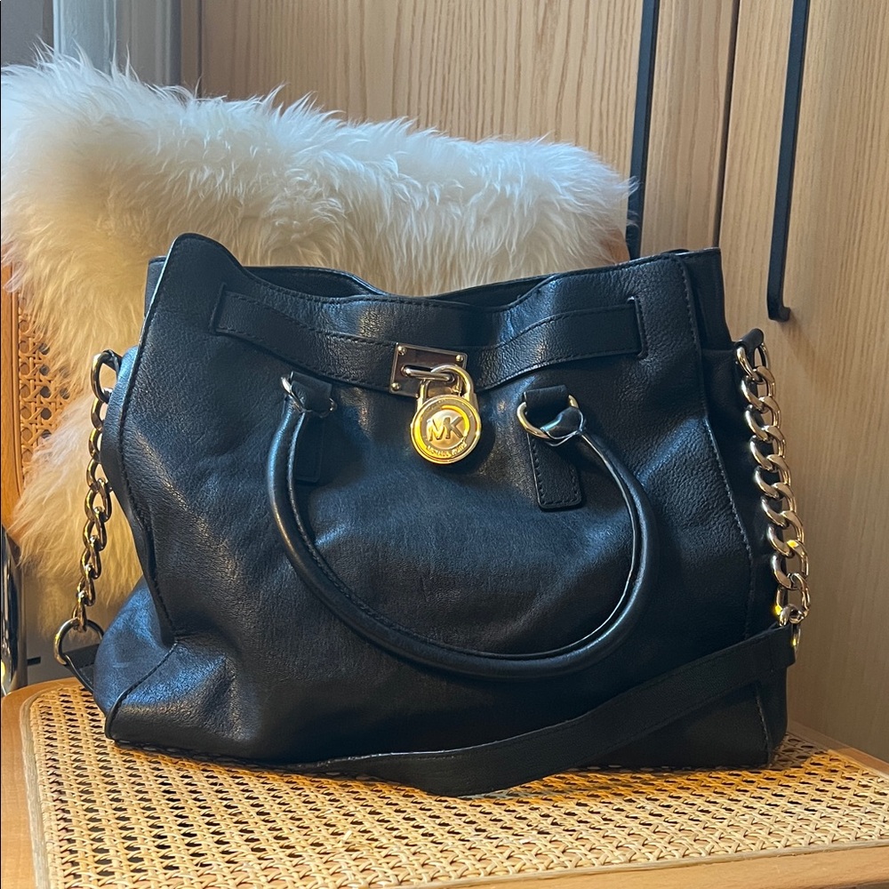 Black Leather Tote Bag with Gold Accents